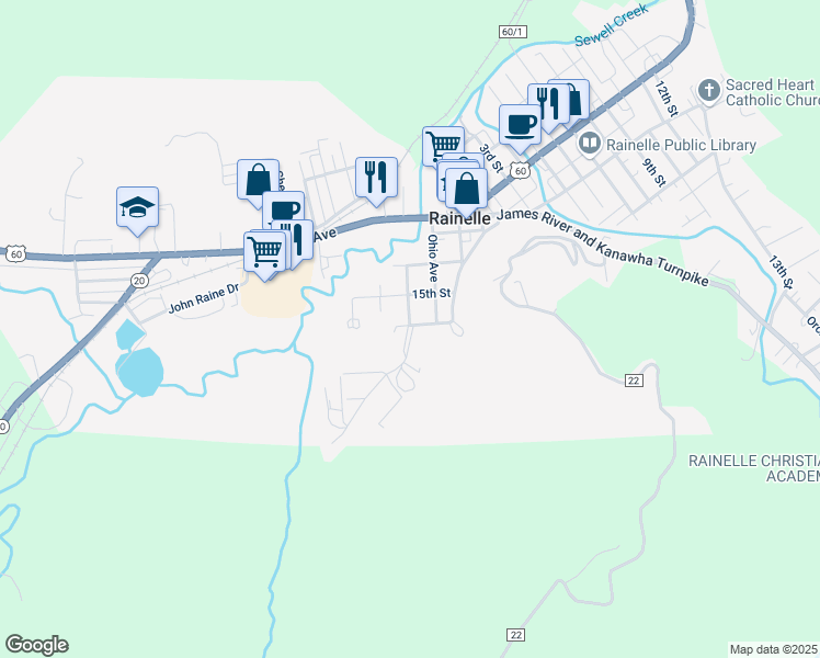 map of restaurants, bars, coffee shops, grocery stores, and more near 317 Pennsylvania Ave in Rainelle
