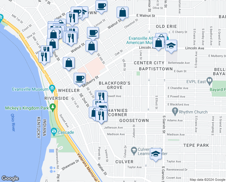 map of restaurants, bars, coffee shops, grocery stores, and more near 36 East Powell Avenue in Evansville