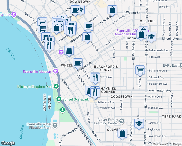 map of restaurants, bars, coffee shops, grocery stores, and more near 30 Southeast 3rd Street in Evansville