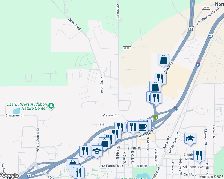 map of restaurants, bars, coffee shops, grocery stores, and more near 2203 Vienna Road in Rolla