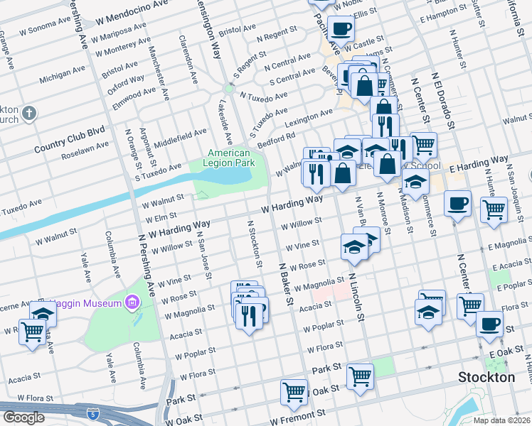 map of restaurants, bars, coffee shops, grocery stores, and more near 1440 North Stockton Street in Stockton