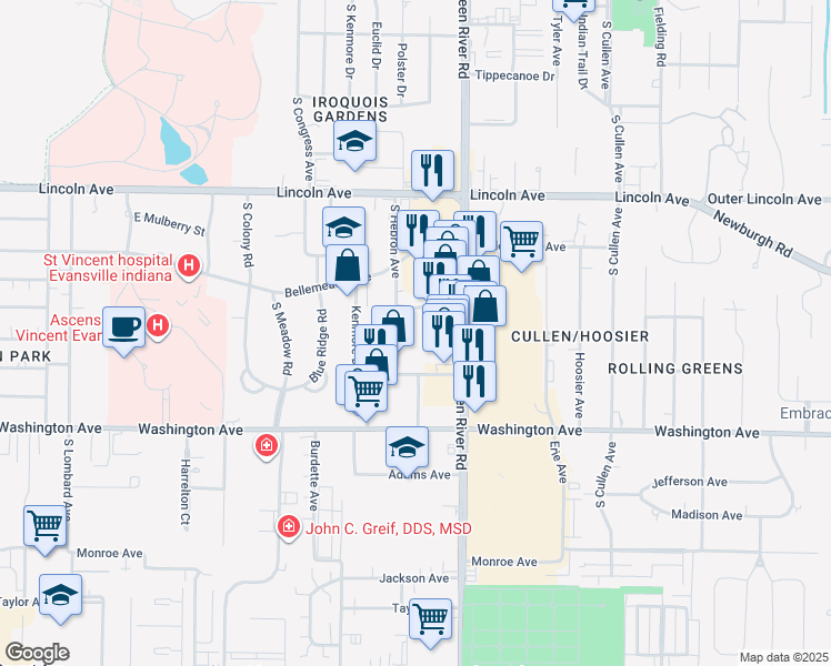 map of restaurants, bars, coffee shops, grocery stores, and more near 900 South Hebron Avenue in Evansville