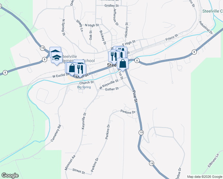 map of restaurants, bars, coffee shops, grocery stores, and more near 204 Esther Street in Steelville