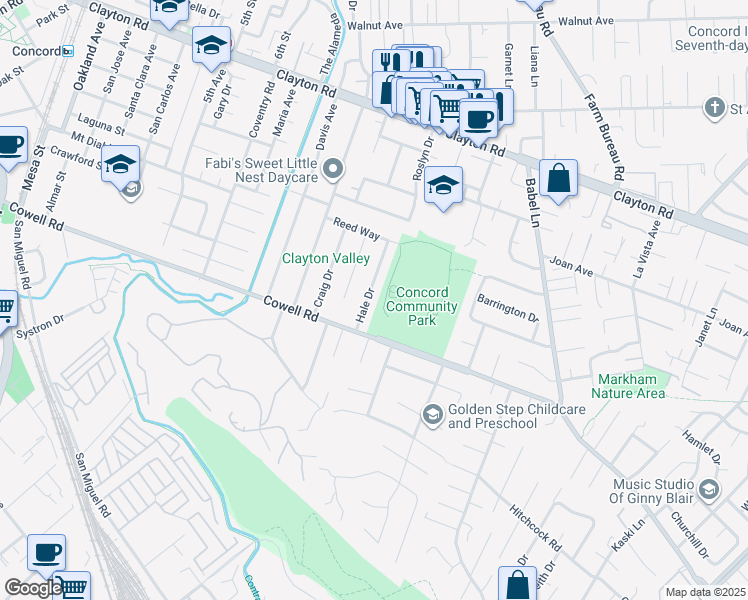 map of restaurants, bars, coffee shops, grocery stores, and more near 1230 Hale Drive in Concord
