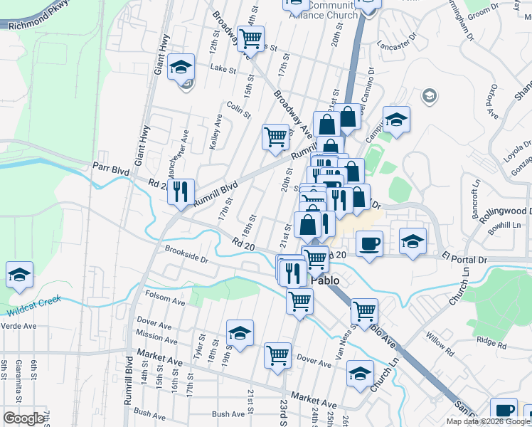 map of restaurants, bars, coffee shops, grocery stores, and more near 1905 Lovegrove Street in San Pablo