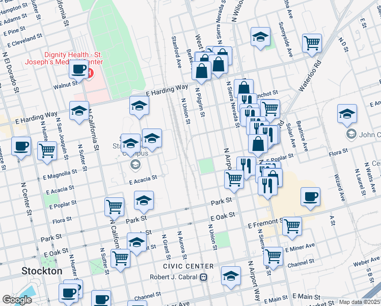 map of restaurants, bars, coffee shops, grocery stores, and more near 1008 North Union Street in Stockton