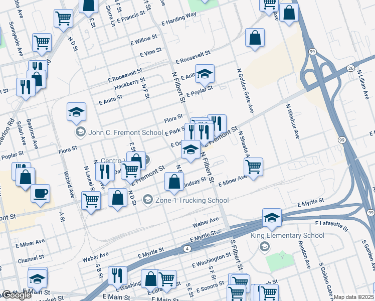 map of restaurants, bars, coffee shops, grocery stores, and more near in Stockton