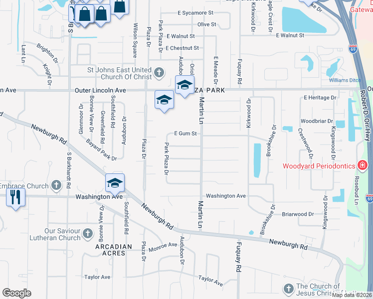 map of restaurants, bars, coffee shops, grocery stores, and more near 7300 East Chandler Avenue in Evansville