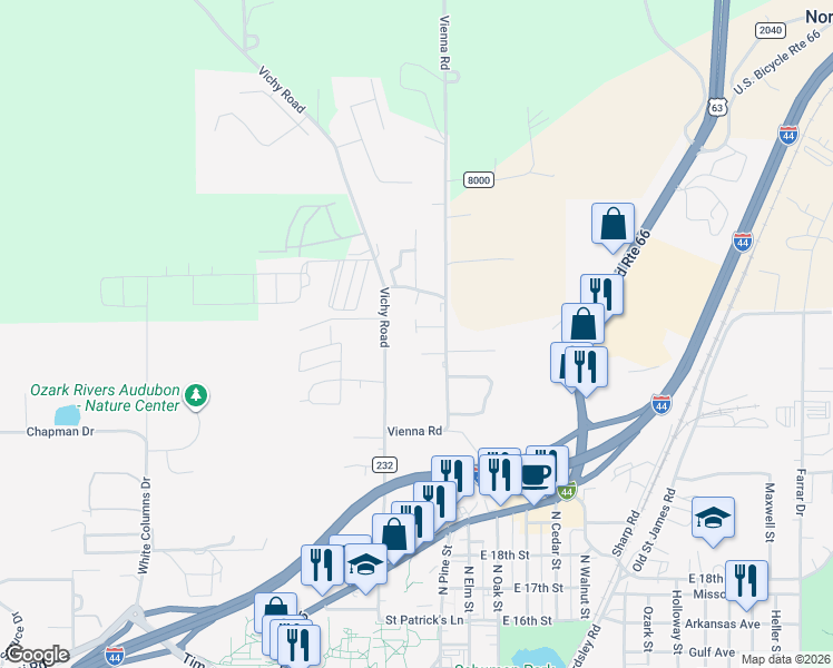 map of restaurants, bars, coffee shops, grocery stores, and more near 2203 Vienna Road in Rolla