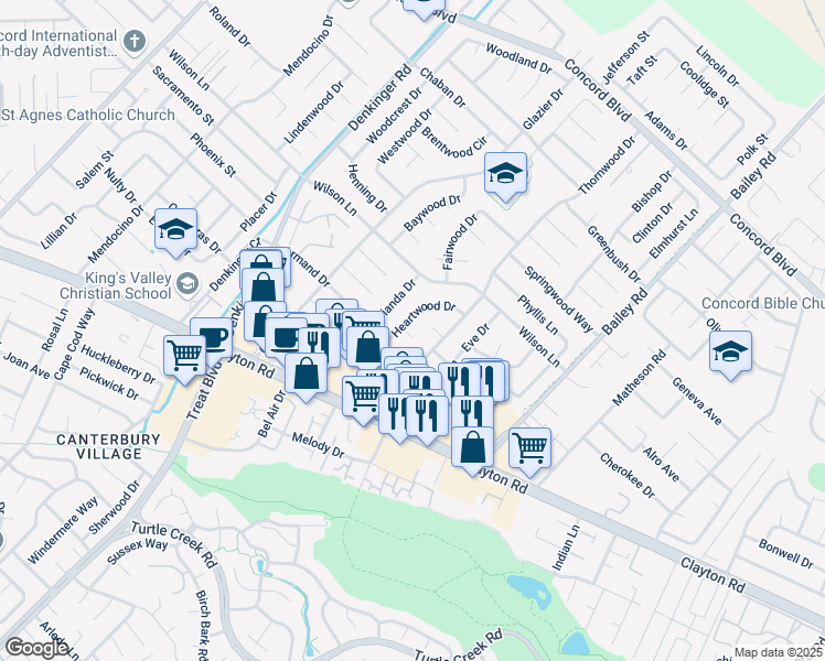 map of restaurants, bars, coffee shops, grocery stores, and more near 4379 Heartwood Court in Concord