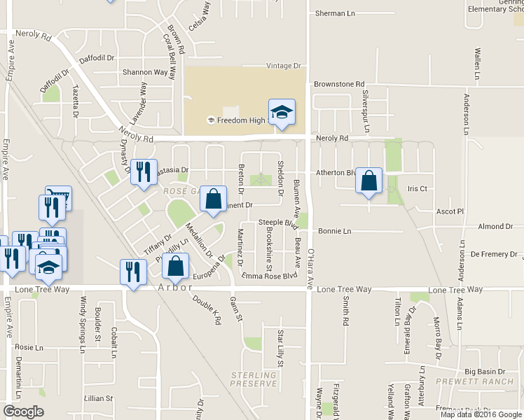 map of restaurants, bars, coffee shops, grocery stores, and more near 1284 Prominent Drive in Brentwood