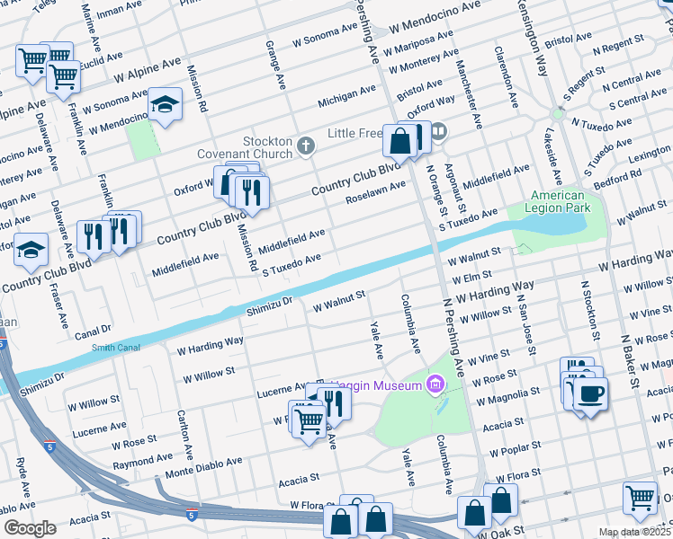 map of restaurants, bars, coffee shops, grocery stores, and more near 2001 Grange Avenue in Stockton