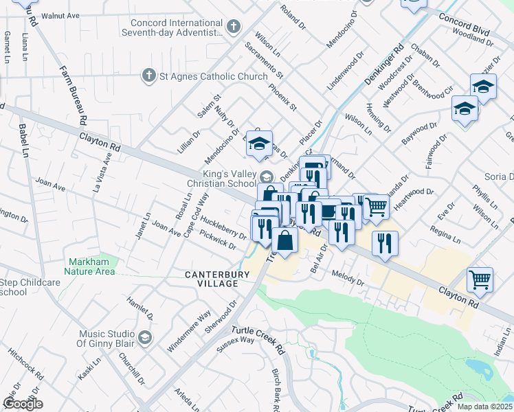 map of restaurants, bars, coffee shops, grocery stores, and more near 4260 Clayton Road in Concord