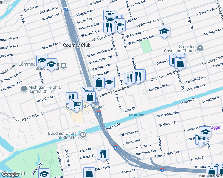 map of restaurants, bars, coffee shops, grocery stores, and more near 2421 Country Club Boulevard in Stockton