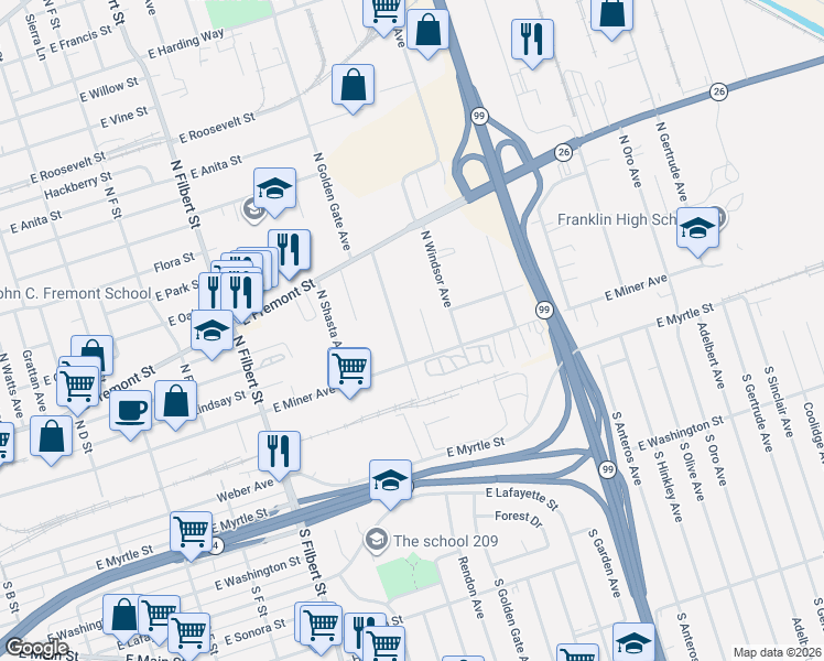 map of restaurants, bars, coffee shops, grocery stores, and more near 322 North Golden Gate Avenue in Stockton
