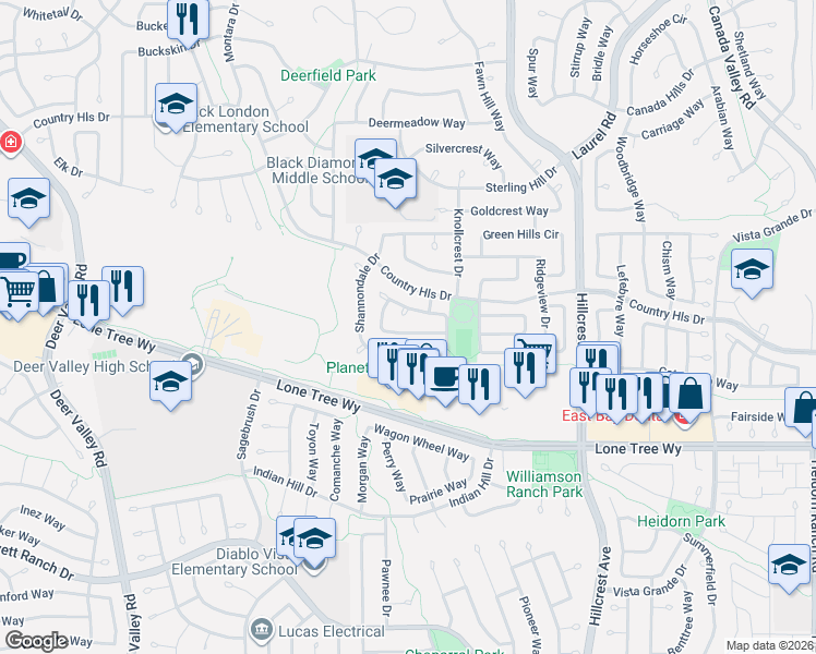map of restaurants, bars, coffee shops, grocery stores, and more near 4533 Knollpark Circle in Antioch