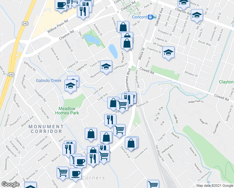 map of restaurants, bars, coffee shops, grocery stores, and more near 2558 Todd Avenue in Concord