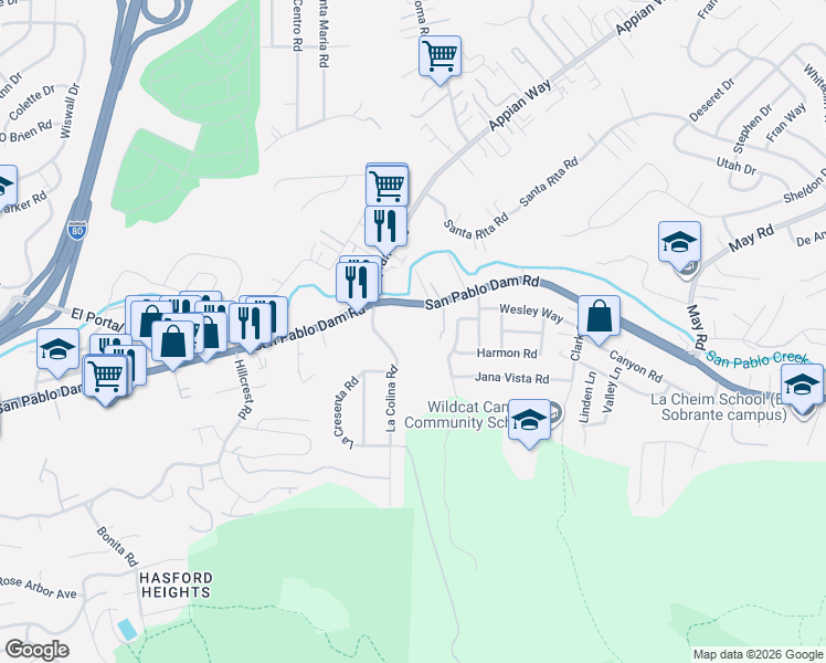 map of restaurants, bars, coffee shops, grocery stores, and more near 4010 La Colina Road in El Sobrante