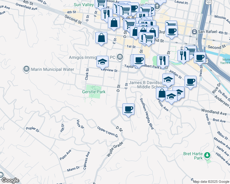 map of restaurants, bars, coffee shops, grocery stores, and more near 239 D Street in San Rafael
