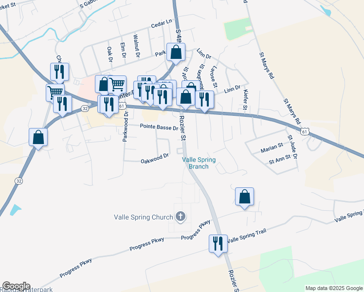 map of restaurants, bars, coffee shops, grocery stores, and more near 753 Rozier Street in Ste. Genevieve