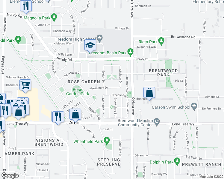 map of restaurants, bars, coffee shops, grocery stores, and more near 1284 Prominent Drive in Brentwood