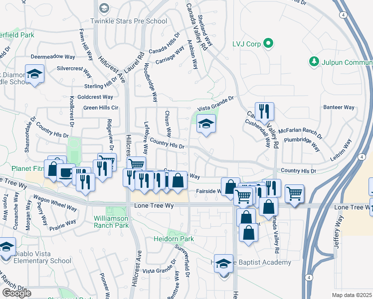 map of restaurants, bars, coffee shops, grocery stores, and more near 5133 Woodmont Court in Antioch