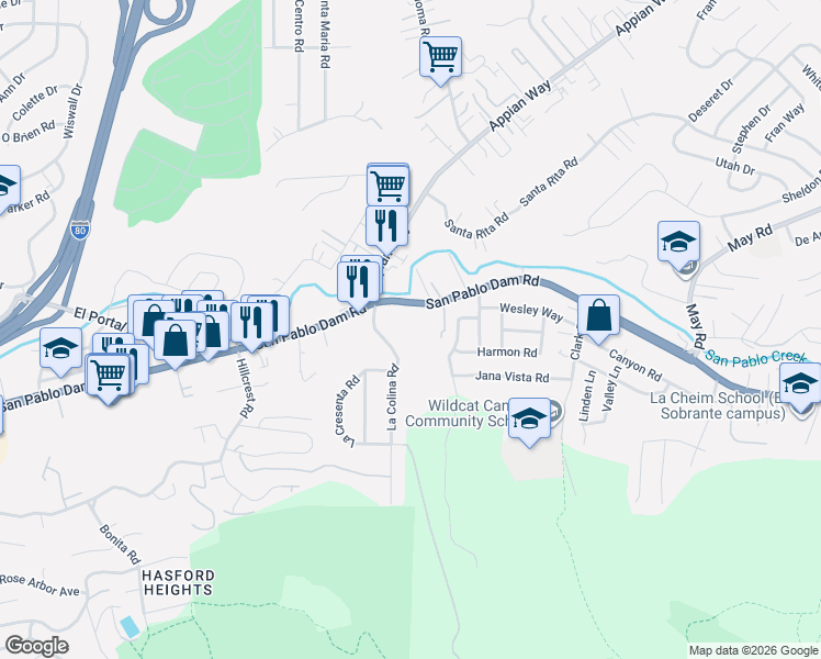 map of restaurants, bars, coffee shops, grocery stores, and more near 4186 San Pablo Dam Road in El Sobrante