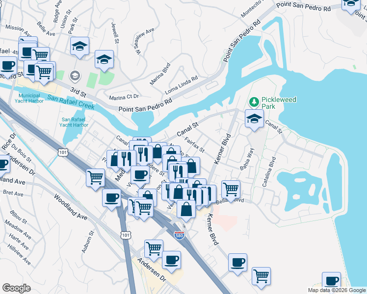 map of restaurants, bars, coffee shops, grocery stores, and more near in San Anselmo