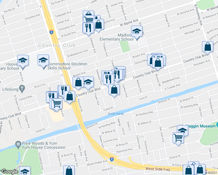 map of restaurants, bars, coffee shops, grocery stores, and more near 2210 Country Club Boulevard in Stockton
