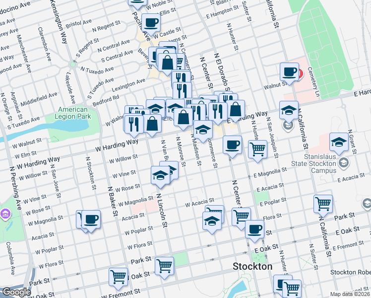 map of restaurants, bars, coffee shops, grocery stores, and more near 236 West Willow Street in Stockton