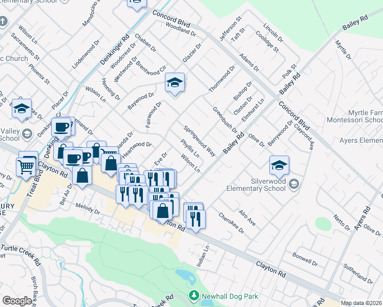 map of restaurants, bars, coffee shops, grocery stores, and more near 4663 Wilson Lane in Concord