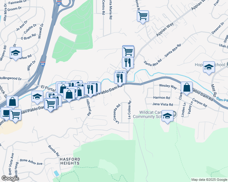 map of restaurants, bars, coffee shops, grocery stores, and more near 4022 San Pablo Dam Road in El Sobrante