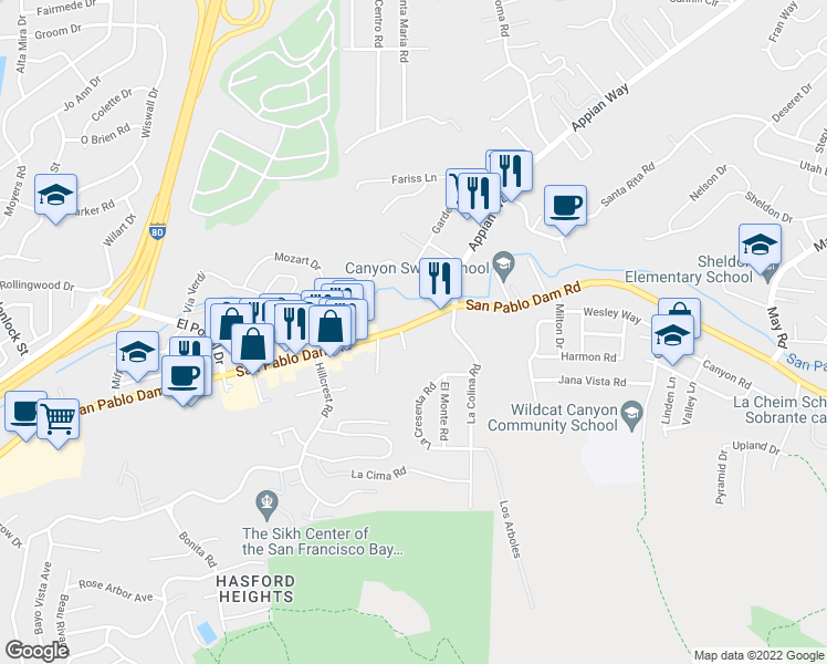 map of restaurants, bars, coffee shops, grocery stores, and more near 4022 San Pablo Dam Road in El Sobrante