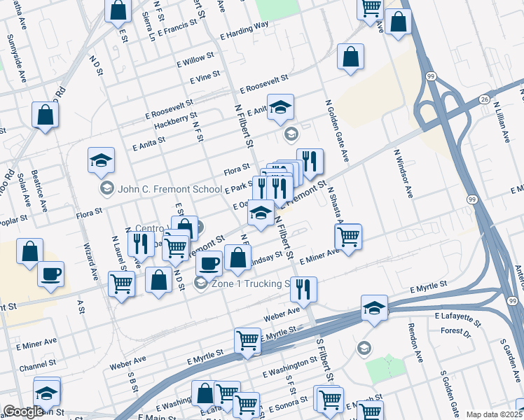 map of restaurants, bars, coffee shops, grocery stores, and more near in Stockton
