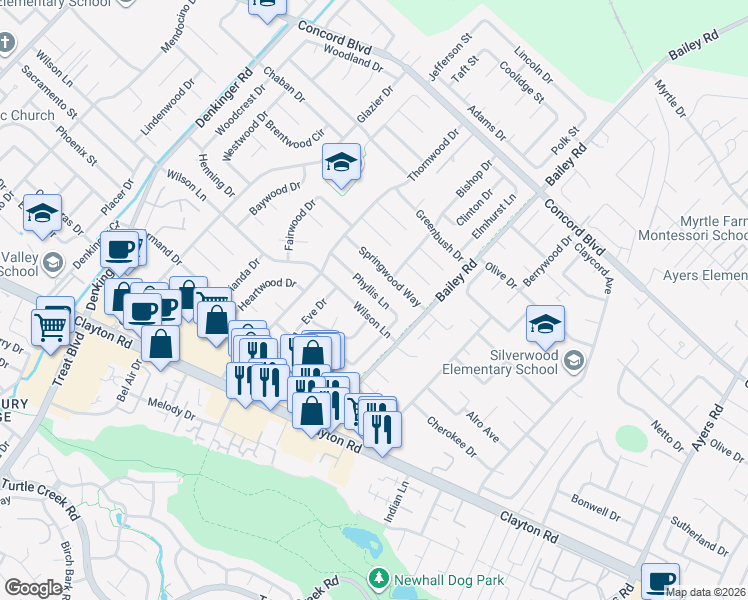 map of restaurants, bars, coffee shops, grocery stores, and more near 4663 Wilson Lane in Concord