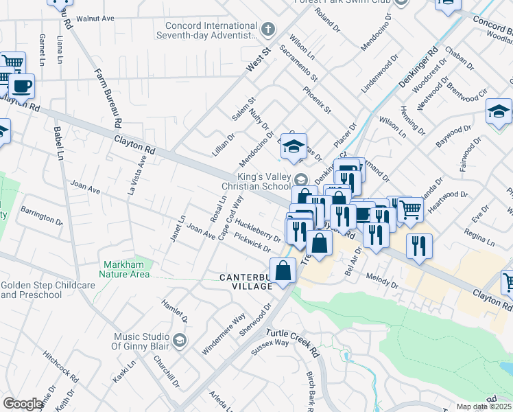 map of restaurants, bars, coffee shops, grocery stores, and more near Concord Court in Concord
