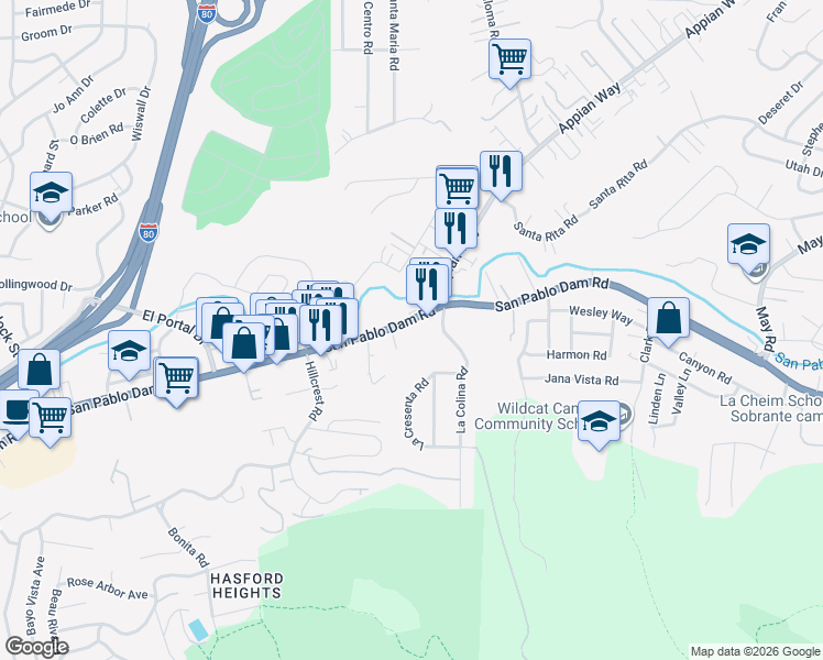 map of restaurants, bars, coffee shops, grocery stores, and more near 3979 La Crescenta Road in El Sobrante
