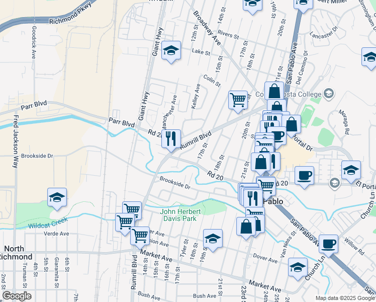 map of restaurants, bars, coffee shops, grocery stores, and more near 1341 Road 20 in San Pablo