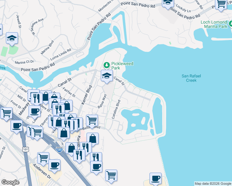 map of restaurants, bars, coffee shops, grocery stores, and more near 349 Playa Del Rey in San Rafael