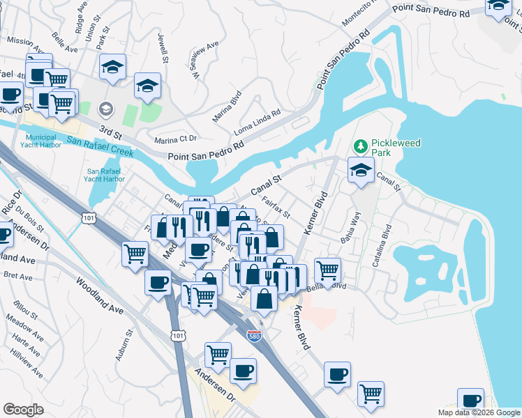 map of restaurants, bars, coffee shops, grocery stores, and more near in San Anselmo