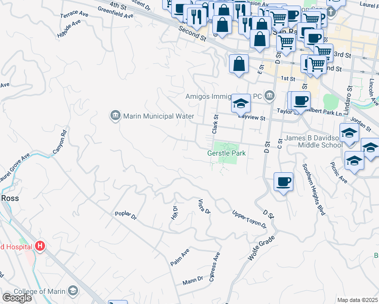 map of restaurants, bars, coffee shops, grocery stores, and more near 31 Estates Court in San Rafael