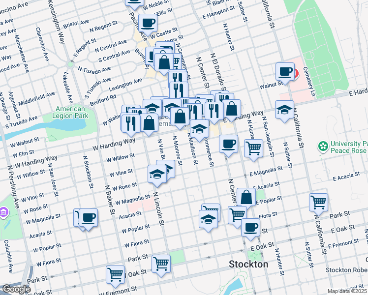 map of restaurants, bars, coffee shops, grocery stores, and more near 228 West Willow Street in Stockton