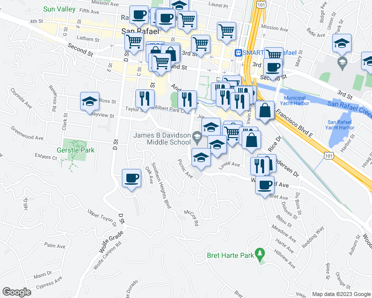 map of restaurants, bars, coffee shops, grocery stores, and more near 277 Woodland Avenue in San Rafael