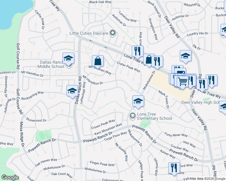 map of restaurants, bars, coffee shops, grocery stores, and more near 1888 Badger Pass Way in Antioch