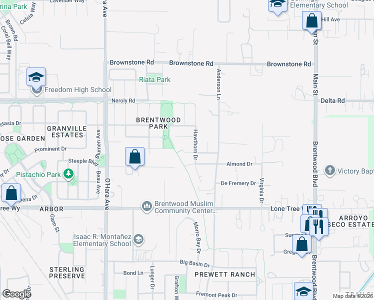 map of restaurants, bars, coffee shops, grocery stores, and more near 692 Ascot Court in Brentwood