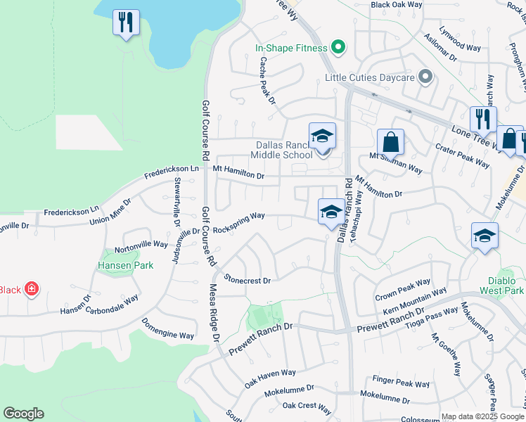 map of restaurants, bars, coffee shops, grocery stores, and more near 1157 Rockspring Way in Antioch