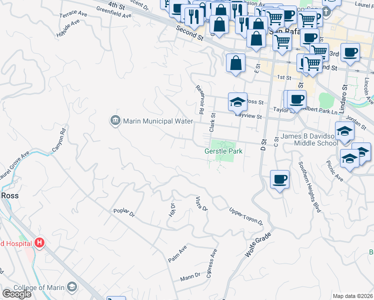 map of restaurants, bars, coffee shops, grocery stores, and more near 31 Estates Court in San Rafael