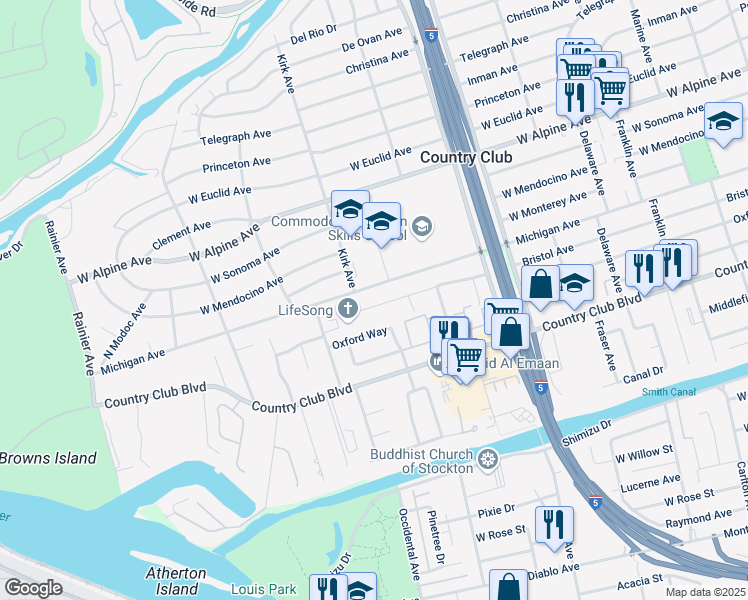 map of restaurants, bars, coffee shops, grocery stores, and more near 2970 Bristol Avenue in Stockton