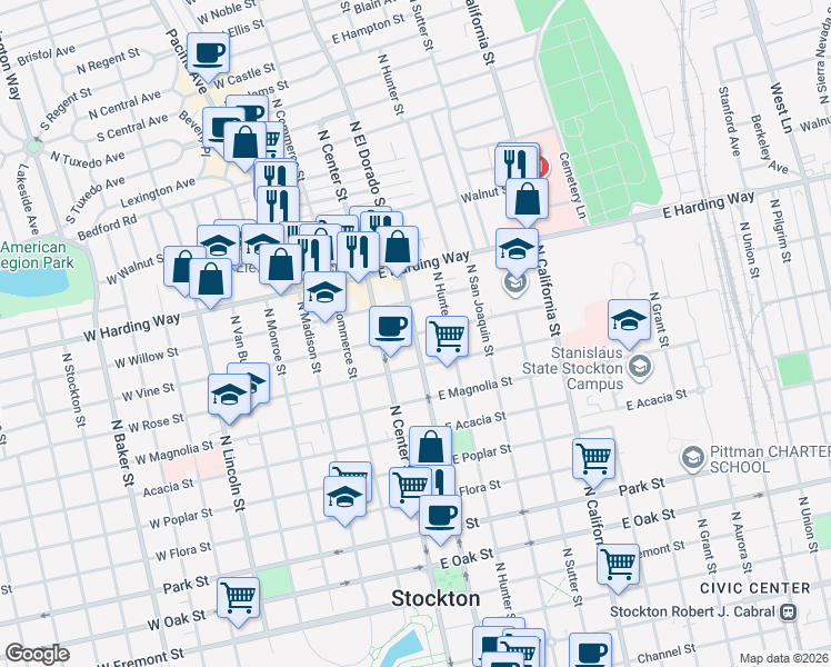 map of restaurants, bars, coffee shops, grocery stores, and more near North El Dorado Street & East Vine Street in Stockton