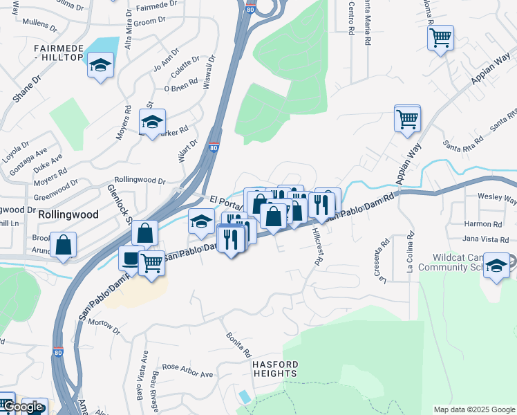 map of restaurants, bars, coffee shops, grocery stores, and more near 3535 El Portal Drive in Richmond